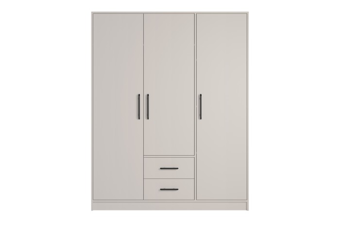Moderner 3-türiger Kleiderschrank in Cashmere-Beige mit zwei Schubladen und schwarzen Griffen.