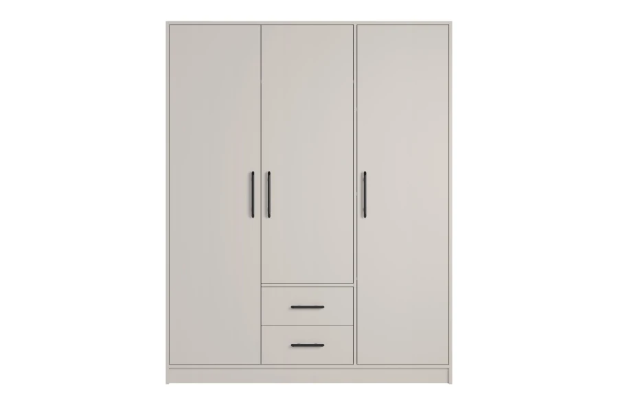Moderner 3-türiger Kleiderschrank in Cashmere-Beige mit zwei Schubladen und schwarzen Griffen.