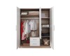 Innenansicht eines Kleiderschranks mit Kleiderstange, Fächern und Schubladen für optimale Organisation.