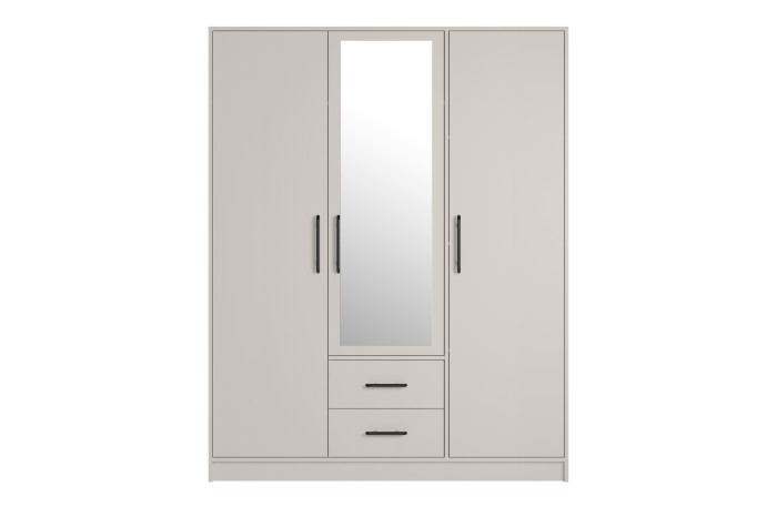 Beiger 3-türiger Kleiderschrank mit Spiegel und zwei Schubladen für das Schlafzimmer.