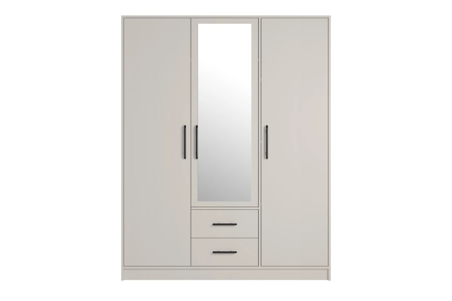 Beiger 3-türiger Kleiderschrank mit Spiegel und zwei Schubladen für das Schlafzimmer.