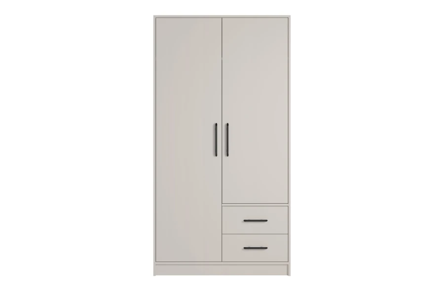 Modern two-door wardrobe in cashmere with two drawers and black handles.