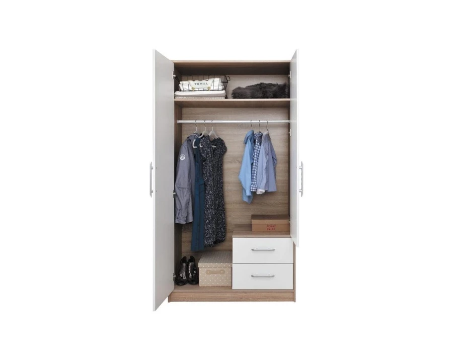 Innenansicht eines Kleiderschranks mit Kleiderstange, Einlegeböden und Schubladen in Holzoptik.
