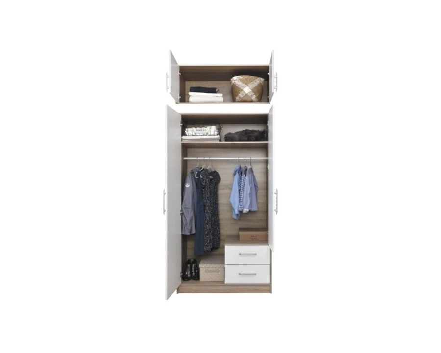 Offener Kleiderschrank mit Aufsatz, Kleiderstange und Schubladen für optimale Organisation.