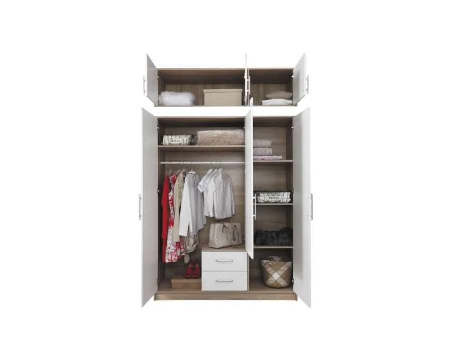 Dreitüriger Kleiderschrank mit Aufsatz und Schubladen im Detail.