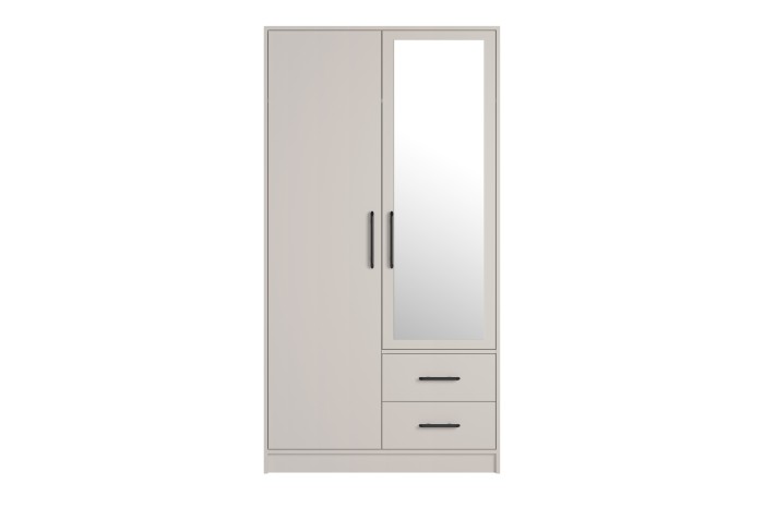 Zweitüriger Kleiderschrank in Cashmere mit integriertem Spiegel und zwei Schubladen.