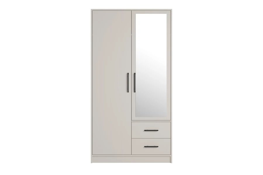 Zweitüriger Kleiderschrank in Cashmere mit integriertem Spiegel und zwei Schubladen.