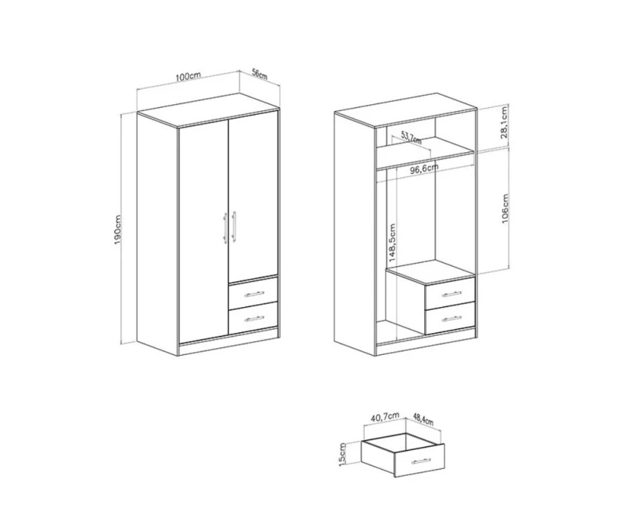 Technische Zeichnung mit Maßen für einen zweitürigen Kleiderschrank, 190 cm hoch und 100 cm breit.