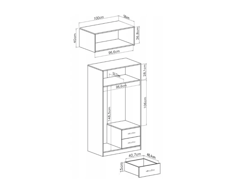 Maßskizze für Kleiderschrank mit zusätzlichem Aufsatzschrank und Detailansicht der Schublade.