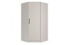 Modern corner wardrobe in cashmere with black handle, closed front view.