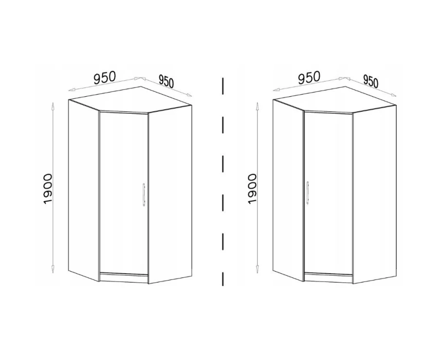 Technische Zeichnung eines Eckkleiderschranks mit Maßen 95x95x190 cm.