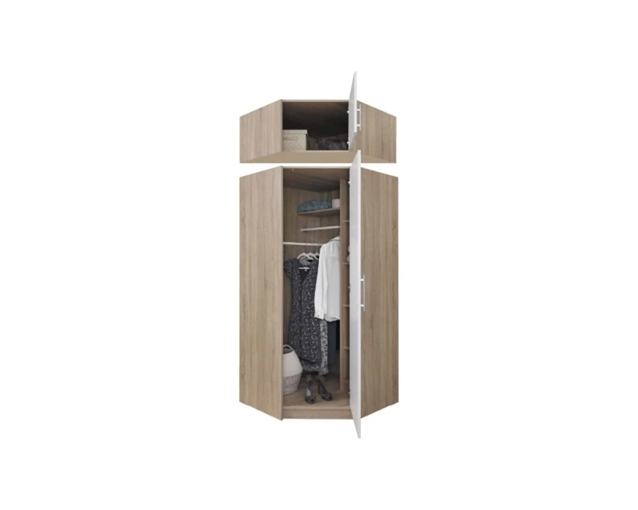 Offener Eckkleiderschrank in Eiche-Optik mit Kleiderstange, Regalen und zusätzlichem Aufsatz.