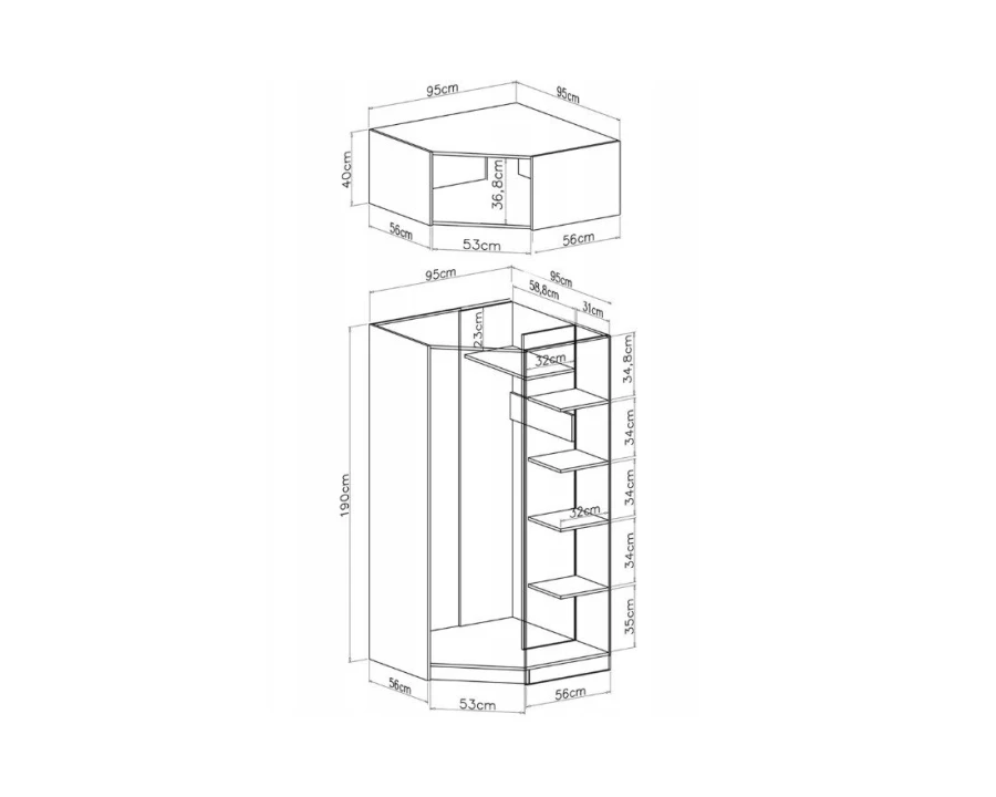 Detailed sketch of the internal dimensions of the corner wardrobe and matching wardrobe top unit.