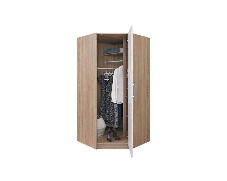 Offener Eckkleiderschrank in Eiche-Optik mit Kleiderstange und Ablagefächern.