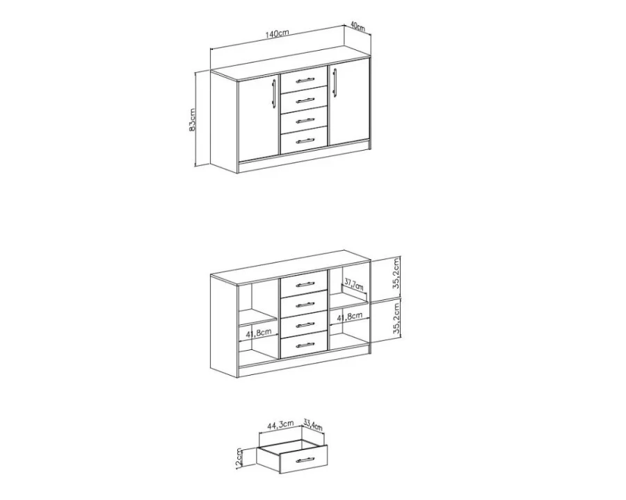 Maßskizze für ein Sideboard mit Detailmaßen für Schubladen und Fächer.