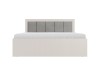 Modernes Doppelbett in Beige mit grau gepolstertem Kopfteil vor weißem Hintergrund.
