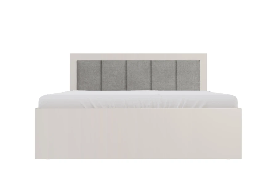 Modernes Doppelbett in Beige mit grau gepolstertem Kopfteil vor weißem Hintergrund.