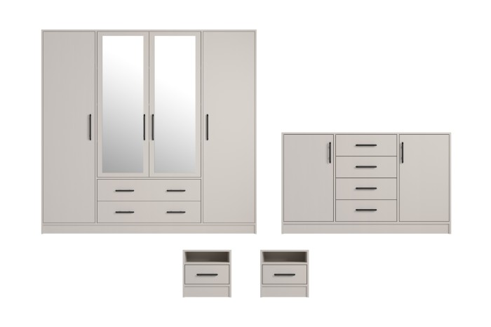 Set aus Schlafzimmermöbeln in Cashmere: Großer Spiegelschrank, Kommode und zwei passende Nachttische.