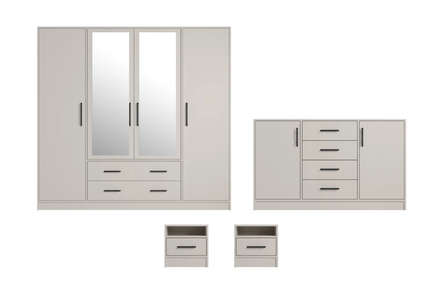 Set aus Schlafzimmermöbeln in Cashmere: Großer Spiegelschrank, Kommode und zwei passende Nachttische.