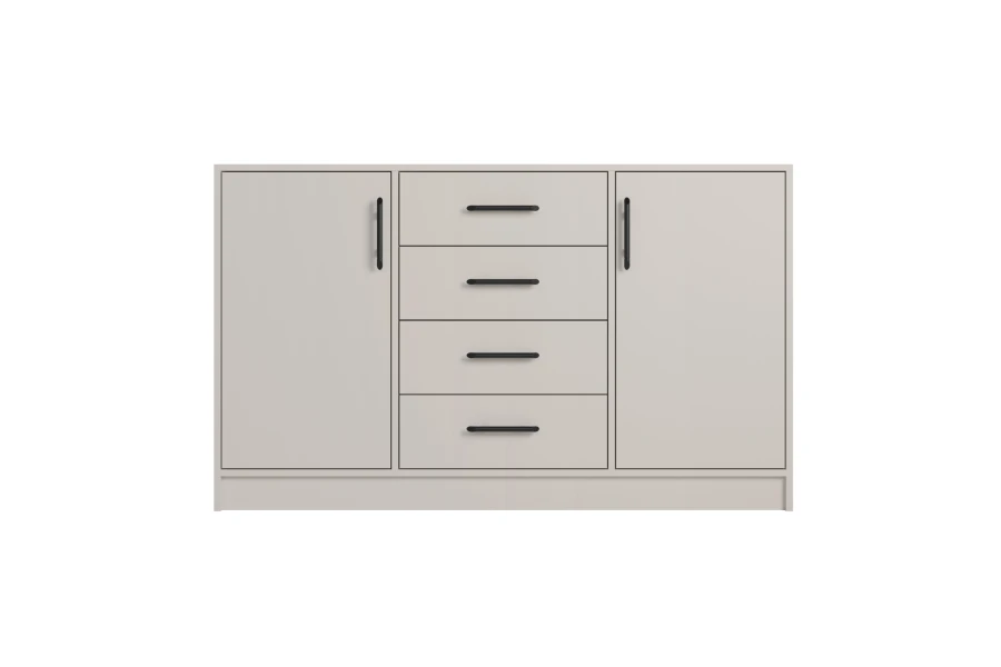 Beige Kommode mit 4 Schubladen und 2 Türen, moderne Aufbewahrung.