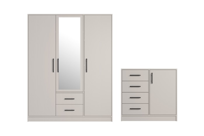 Kombination aus dreitürigem Kleiderschrank mit Spiegel und passender Kommode in Kaschmir.