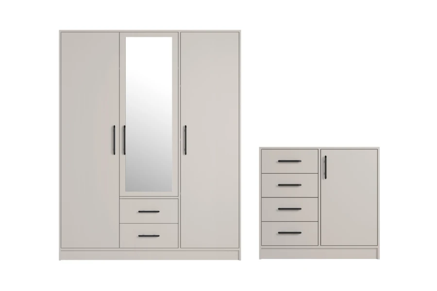 Kombination aus dreitürigem Kleiderschrank mit Spiegel und passender Kommode in Kaschmir.