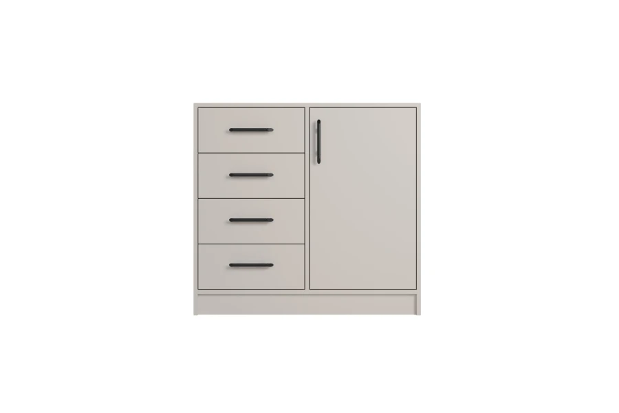 Beige Kommode mit 4 Schubladen und einer Tür, moderne schwarze Griffe, Frontansicht