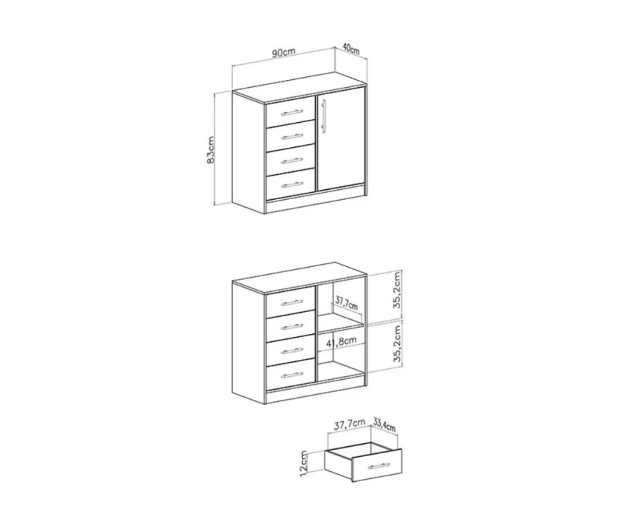 Technische Skizze Kommode 90x83x40 cm mit Innenmaßen der Schubladen und Ablagefächer