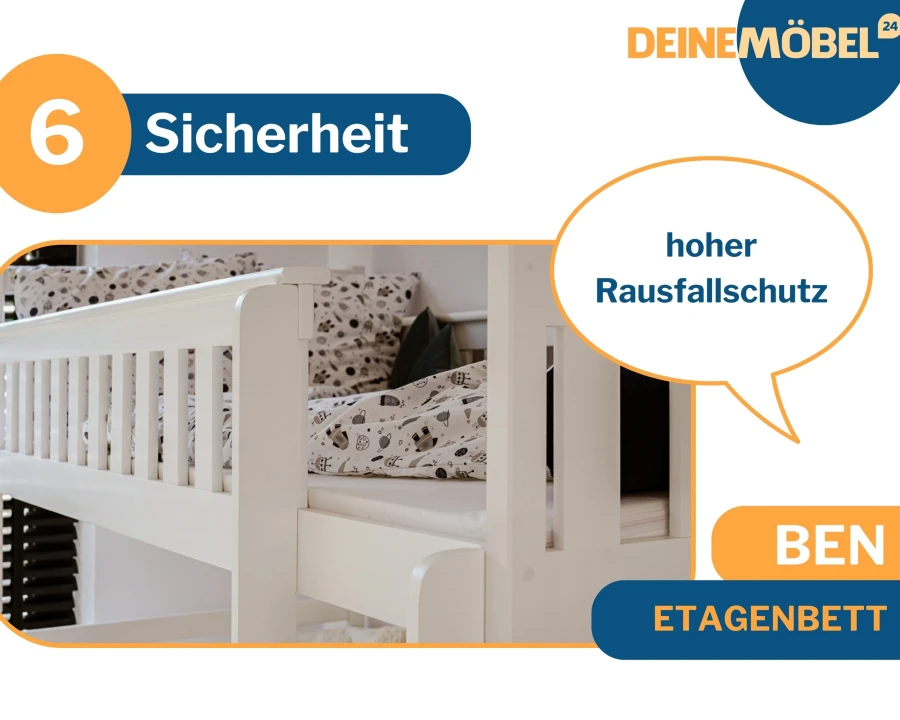 Ben Etagenbett mit hohem Rausfallschutz für maximale Sicherheit im Kinderzimmer.