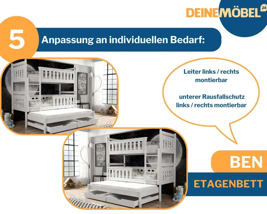 Flexibles Ben Etagenbett mit beidseitig montierbarer Leiter und Rausfallschutz für individuellen Bedarf.