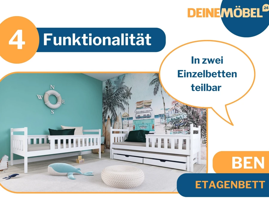Ben Etagenbett weiß, teilbar in zwei Einzelbetten für flexible Raumnutzung im Kinderzimmer.