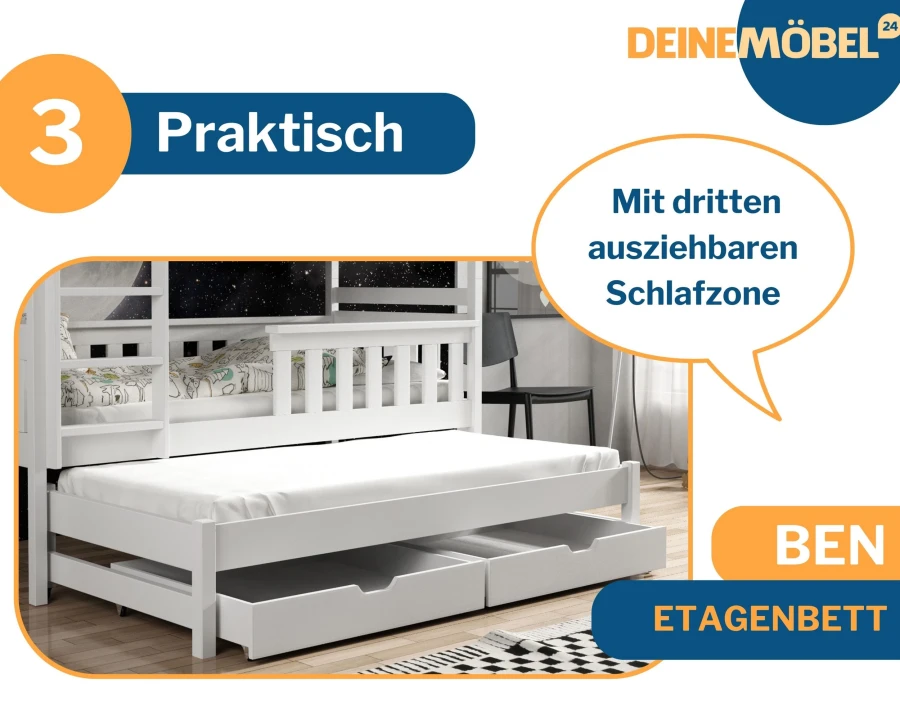 Ben Etagenbett mit ausziehbarer dritter Schlafzone und zwei praktischen Bettschubladen.