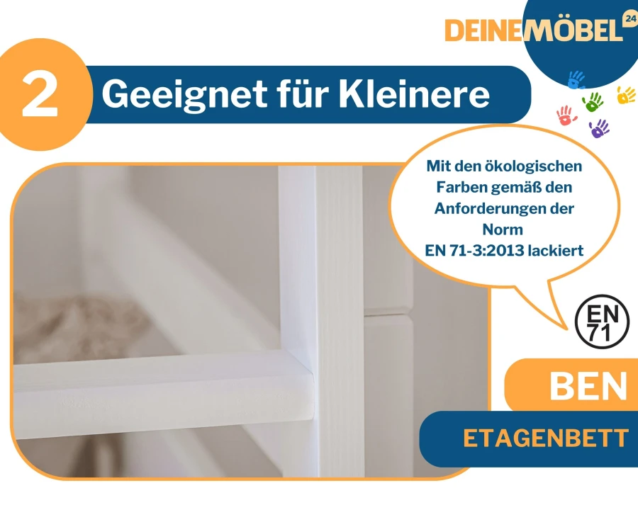 Ben Etagenbett mit ökologischem Lack nach EN 71-3:2013 Norm für maximale Kindersicherheit.