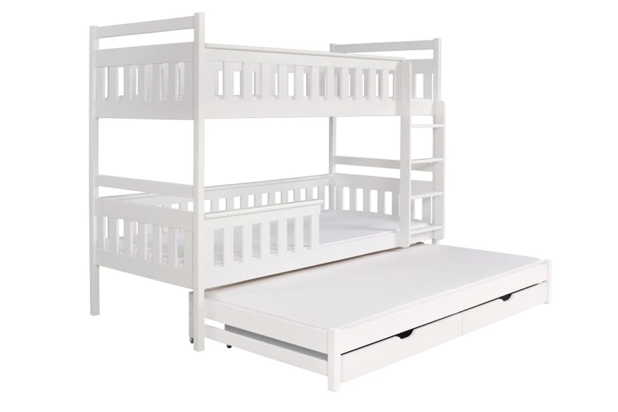 Weißes 3er Etagenbett Ben mit Ausziehbett und Schubladen für Gäste und Stauraum.