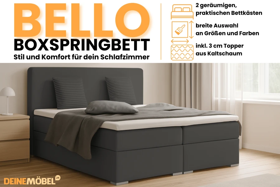Infografik zum Bello Boxspringbett mit Bettkasten und Kaltschaum-Topper