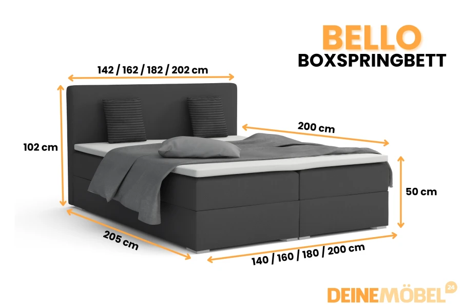Maße und Abmessungen für das Boxspringbett Bello in verschiedenen Größen