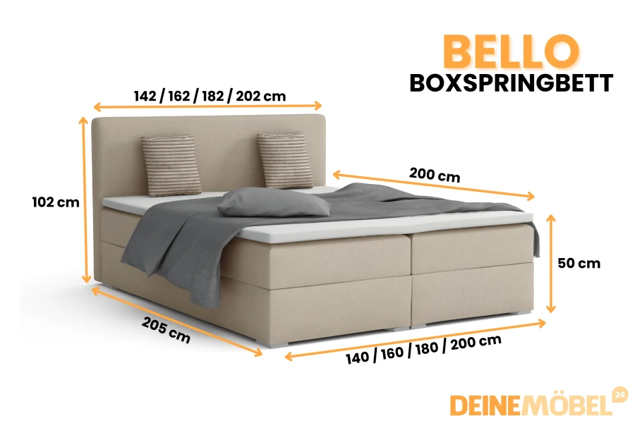 Bello Boxspringbett beige mit detaillierten Maßangaben für verschiedene Bettbreiten.
