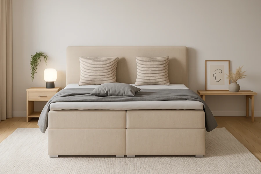 Frontansicht des Bello Boxspringbetts in Beige mit stilvoller Schlafzimmer-Deko.
