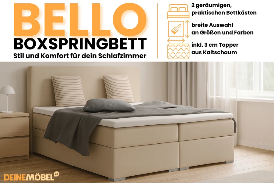 Beiges Boxspringbett Bello mit 2 Bettkästen und 3 cm Kaltschaum-Topper.