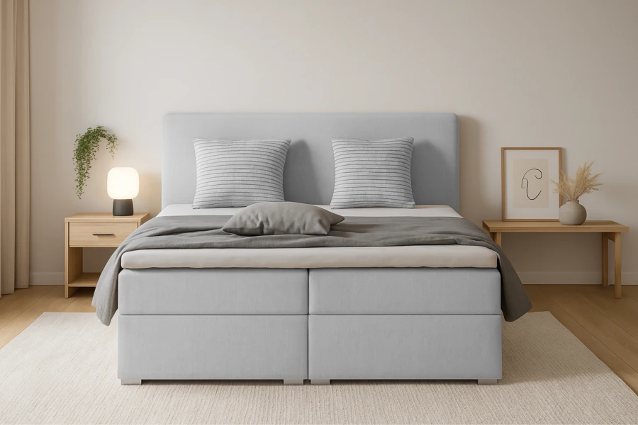 Vorderansicht des Boxspringbetts Bello in Hellblau, perfekt integriert in ein modernes Schlafzimmer.