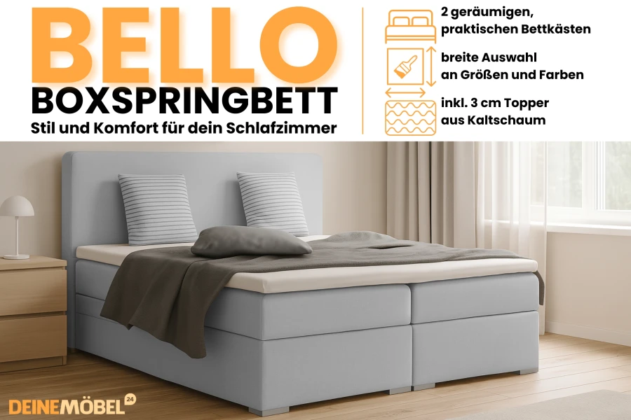 Vorteile des Bello Boxspringbetts: Stauraum durch Bettkästen und inklusiver Kaltschaum-Topper.