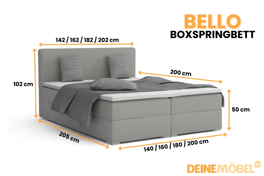 Maße und Größenübersicht für das Bello Boxspringbett inklusive Höhen- und Breitenangaben.