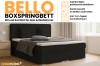 Bello Boxspringbett in Schwarz mit Details zu Bettkasten und Kaltschaum Topper.