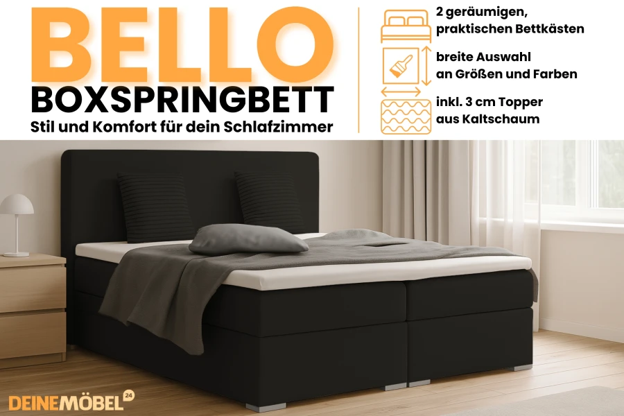 Bello Boxspringbett in Schwarz mit Details zu Bettkasten und Kaltschaum Topper.