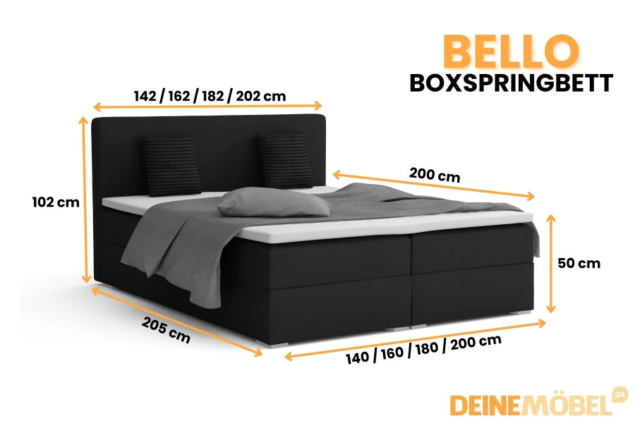 Bello Boxspringbett in Schwarz mit detaillierten Maßen und Abmessungen für das Schlafzimmer.