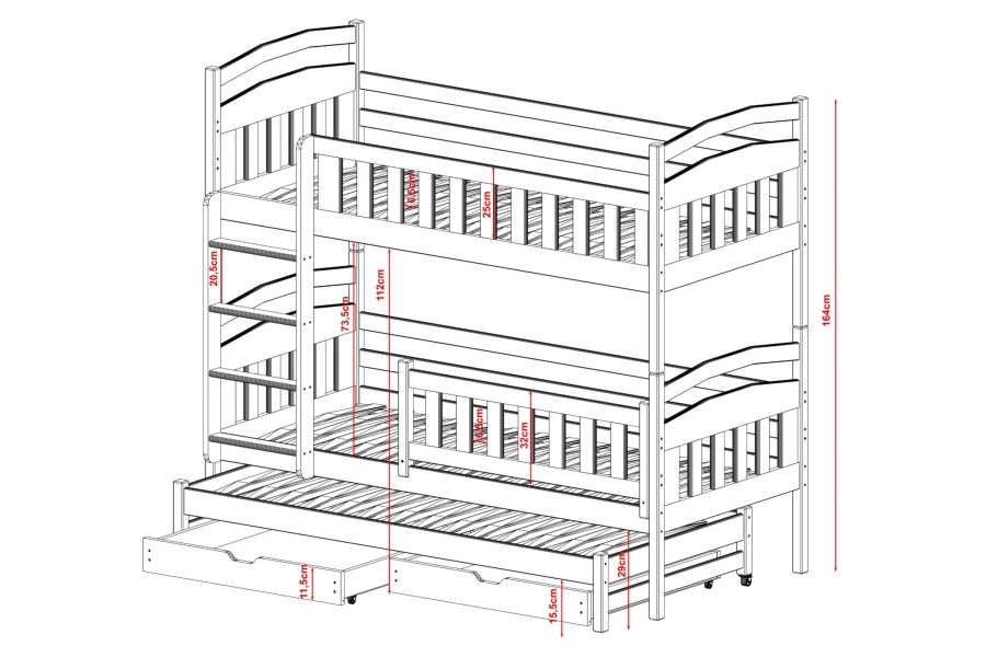 Gedetailleerde afmetingen en technische tekening van een stapelbed met drie ligoppervlakken voor de kinderkamer.