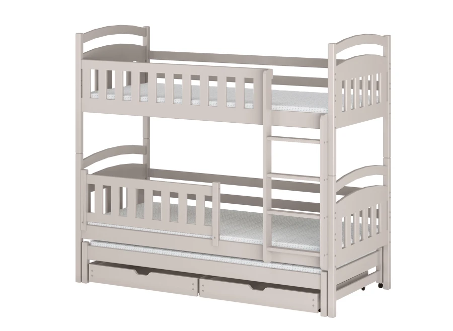 Graues Etagenbett aus Holz mit Rausfallschutz, Leiter und integriertem Ausziehbett für Kinder.