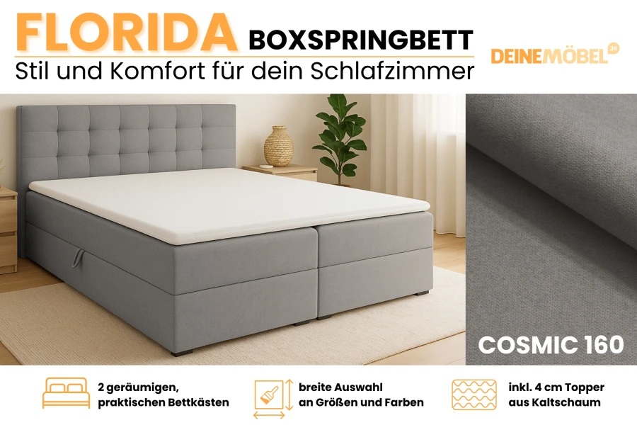 Produktübersicht Boxspringbett Florida mit 2 Bettkästen und inklusiv Kaltschaum-Topper.