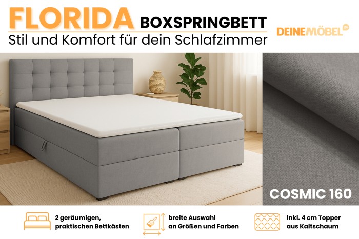 Infografik zum Boxspringbett Florida in Hellgrau mit Bettkasten, Topper und Stoffprobe Cosmic 160.