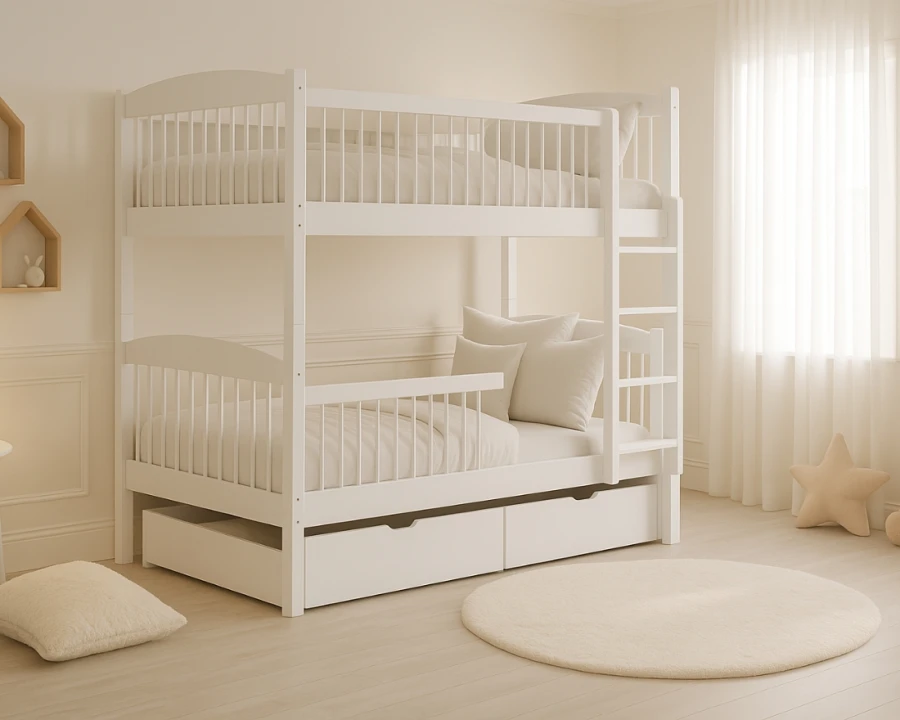 Brightly furnished children's room with white bunk bed, round rug and cozy decoration.